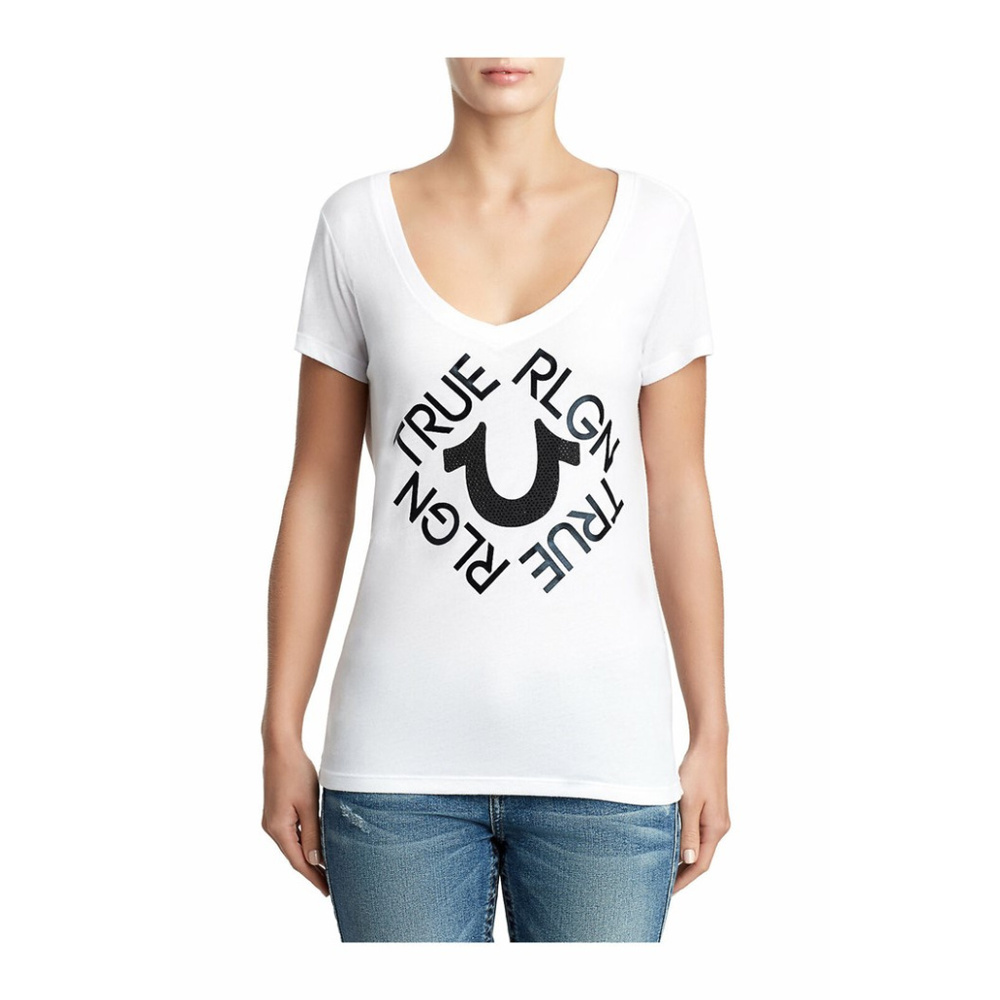 True Religion Women's Crystal Embellished Diamond Logo Round V-Neck Tee T-Shirt